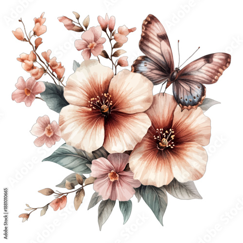 Watercolor Illustration of Pink Flowers and Butterfly Arrangement
