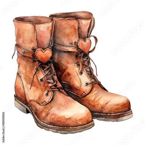 Watercolor Vintage Brown Leather Boots with Hearts and Laces
