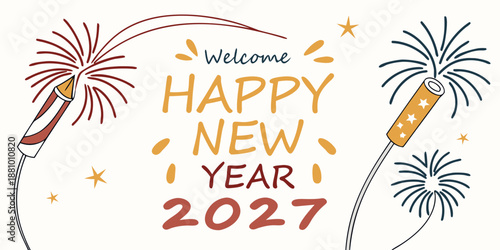 Happy New Year 2027 Greeting Card – Colorful Fireworks & Party Popper Celebration Design for Festive Holiday Wishes