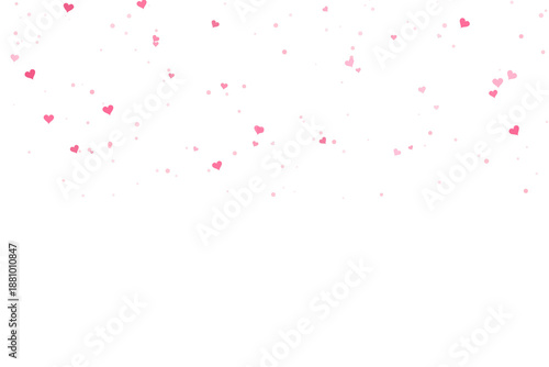 Pink hearts and delicate square particles falling gracefully against a deep black background isolated on transparent background