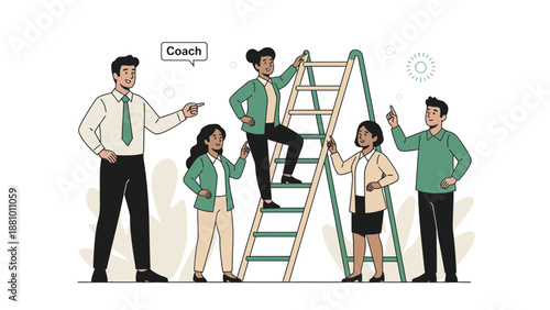Business Coach Guiding Team Up Ladder for Success and Growth