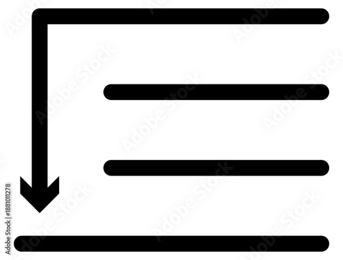 This minimalist black icon featuring horizontal bars and a downward arrow symbolizes data organization, alignment, and efficiency. Ideal for modern digital interfaces and web UI projects.