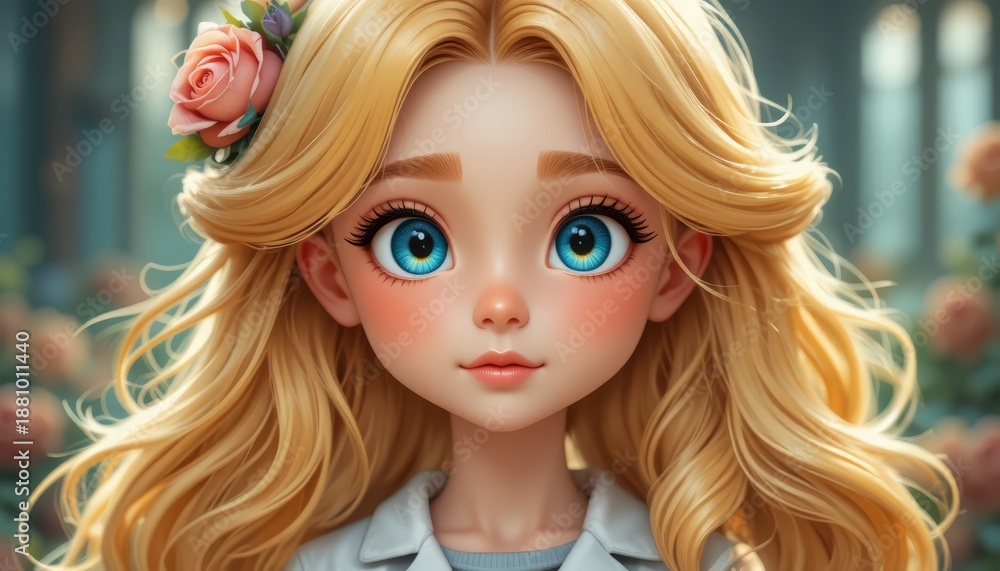 Obraz premium Stylized 3D portrait of a cute girl with big blue eyes and blonde hair with a rose.
