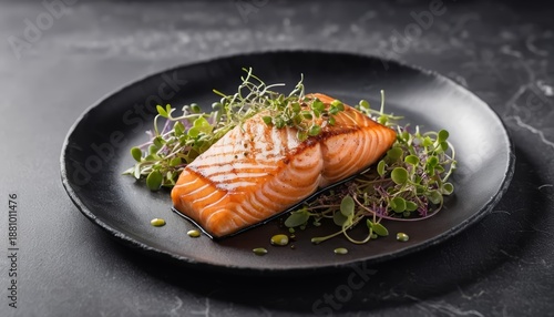 Gourmet grilled salmon fillet with fresh microgreens on a black plate over a dark stone background.