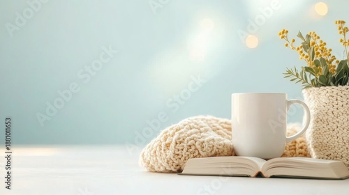 Cozy scene with cup, book, knitted blanket, and yellow flowers