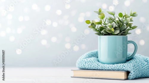 Cozy Home Decor with Greenery and Soft Textiles on Wooden Surface
