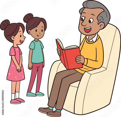 Grandfather reads a book to two smiling young girls in a cartoon style reading children