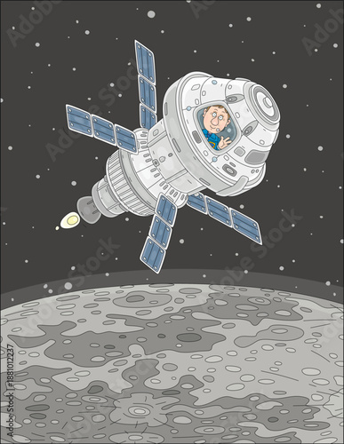 Astronaut in a scientific spacecraft with solar panels flying in orbit around the Moon, vector cartoon illustration