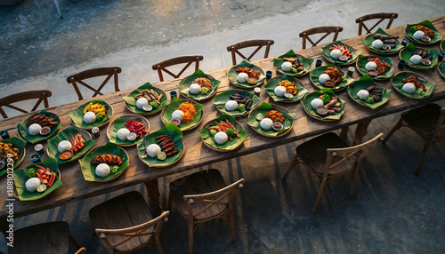 Boodle fight in the Philippines with various dishes served on a long table outdoors in the afternoon light