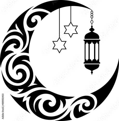 Black crescent moon with tribal swirls hanging lantern and stars white