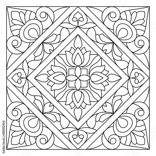Mandala coloring page with lotus flower design in square frame outline art