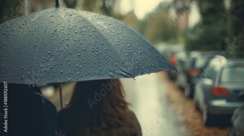 Couple sharing a black umbrella and walking side-by-side on a wet city street with autumn leaves and parked cars, conveying intimacy and shared experience in rainy weather.