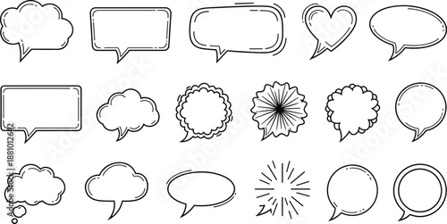 Assortment of hand-drawn speech and thought bubble shapes in black outline on white Keywords: speech bubble, thought bubble