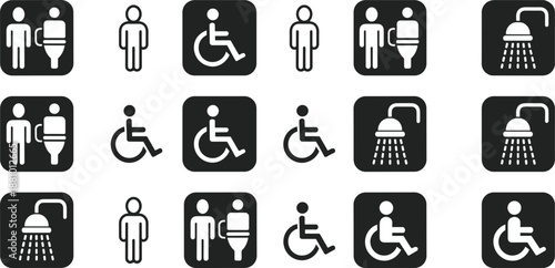 Collection of Black and White Pictograms for Restrooms and Showers toilet disabled