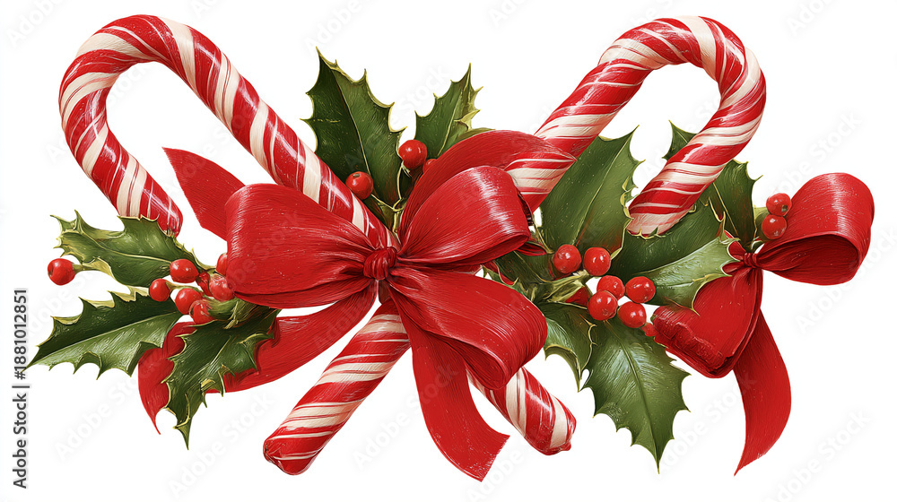 Fototapeta premium Christmas Candy Cane Arrangement with Red Ribbon and Holly