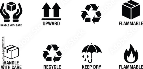 Collection of Shipping and Handling Warning Icons and Symbols Keywords: shipping, handling, warning, icon, symbol, flammable