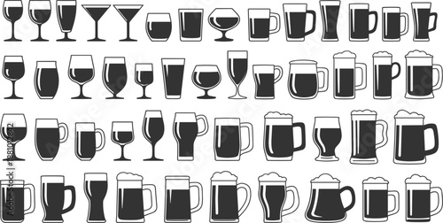 Collection of various beverage glasses and mugs in silhouette on white background Keywords: glass, mug, drink, beverage, wine