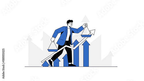 Businessman balancing weights on rising graph, stock market growth concept