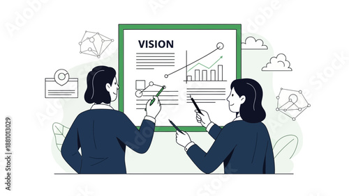 Business meeting: analyzing charts on a whiteboard with 'VISION' text.