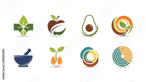 Creative Logo Designs Featuring Nature, Fruits, and Wellness Elements in a Modern Graphic Style