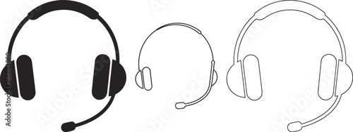 Headset icons in solid black outline and line art styles on a white background vector illustration