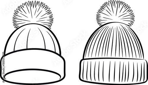Line art drawings of two winter beanies with pom-poms on a white background vector illustration