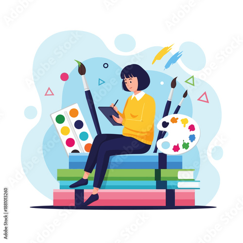 Woman Artist Painting with Colorful Brushes.