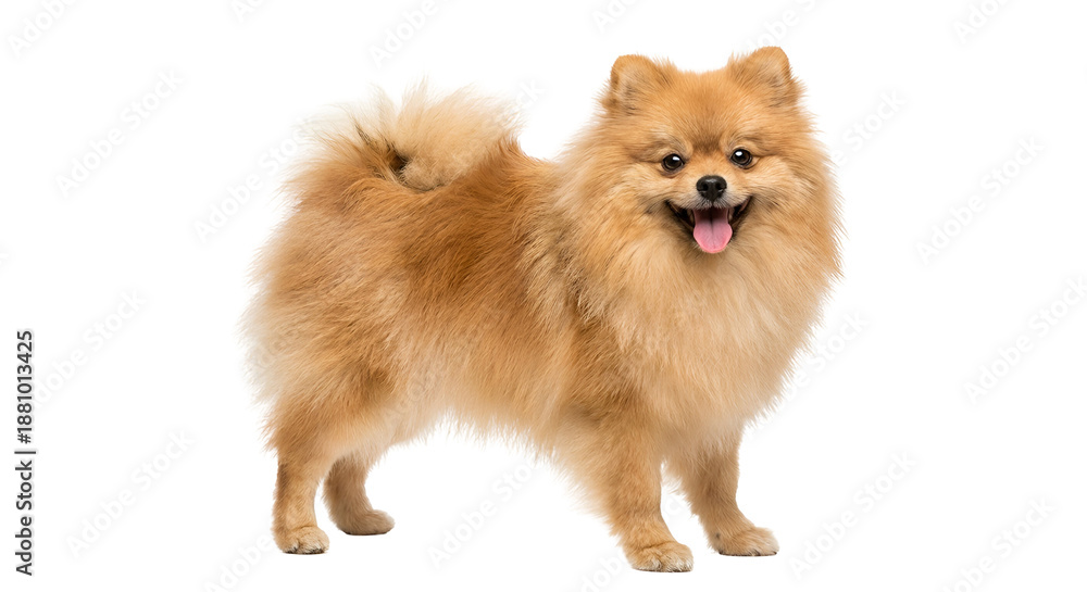Obraz premium Adorable fluffy golden Pomeranian dog standing happily with an expressive face and tongue out, a charming purebred pet, isolated on transparent background.