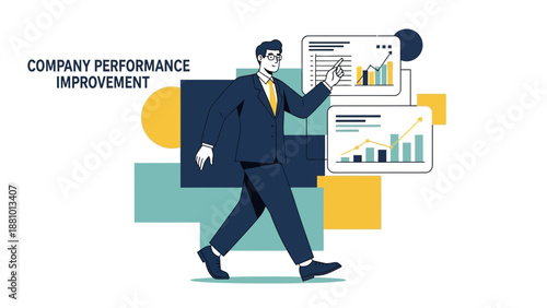 Businessman analyzing company performance improvement with charts and graphs