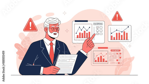 Businessman Analyzing Financial Data and Risks with Charts and Warning Signs