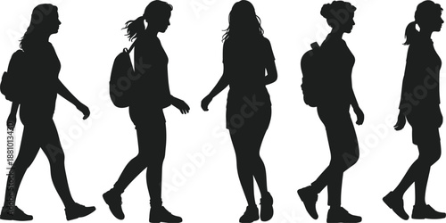 Silhouettes of five women walking with backpacks and bags Keywords: silhouette, woman, female, person, walking, stride, movement