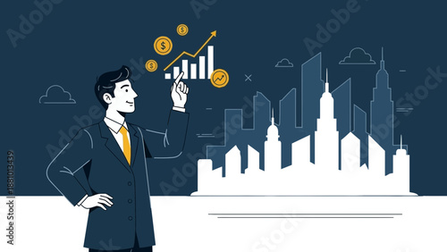 Businessman analyzing financial growth chart with city skyline background