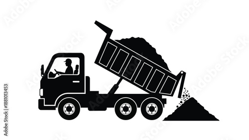 a black silhouette of a dump truck dumping a pile of dirt