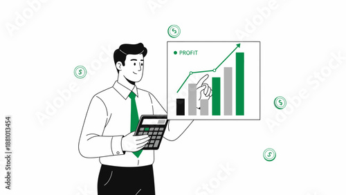 Businessman analyzing profit growth chart with calculator and coins