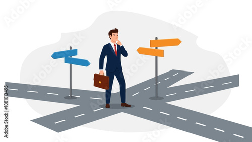 Businessman at crossroads making a difficult decision, choosing direction