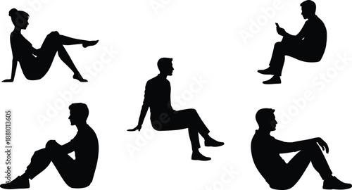 Silhouettes of people sitting in various relaxed poses on a white background vector illustration