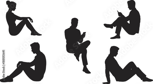 Silhouettes of people sitting in various relaxed poses on a white background vector illustration