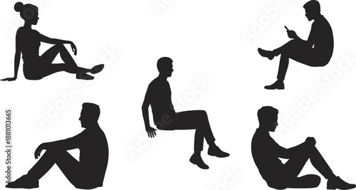 Silhouettes of people sitting in various relaxed poses on white background Keywords: silhouette, people, sitting, relaxed