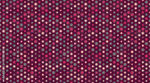 Abstract seamless pattern featuring a playful array of multicolored circles on a deep maroon background.  Ideal for website design, textile prints, and vibrant branding.