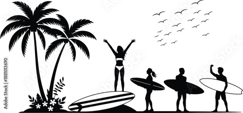 Silhouettes of surfers with palm trees and birds on a white background surfing surfboard