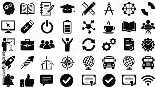 Education, business, technology, science, and energy icons for professional presentations, creative projects, academic learning, web design, and corporate communication