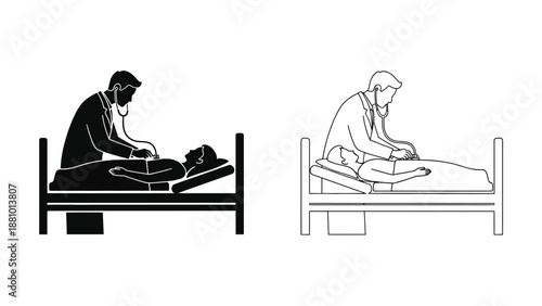 Doctor examining a patient in bed depicted in two distinct styles