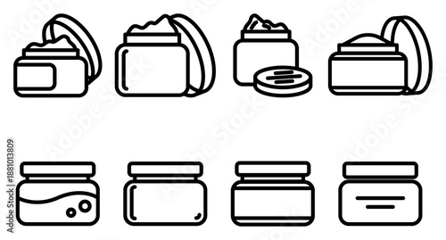 Modern minimalist line icons of various cosmetic jars for skincare products. Ideal for web UI, beauty branding, and spa marketing materials showcasing moisturizing creams, lotions, and gels.