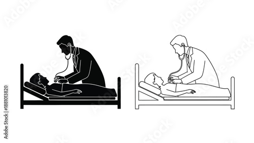 doctor examining patient in hospital bed in black and white line art