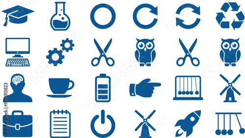 Education, science and business icons featuring graduation cap, brain, rocket, owl, recycle, battery, windmill, chemistry, computer and industrial symbols