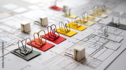 Colorful Paperclips on Architectural Blueprint Layout for Design Projects