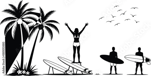Tropical beach scene with palm trees surfers and birds in silhouette Keywords: tropical, beach, palm trees, coconuts, leaves