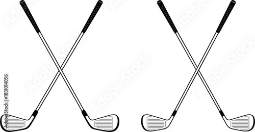 Two pairs of crossed golf clubs on a white background Keywords: golf, clubs, sport, equipment, game, recreation, hobby, activity