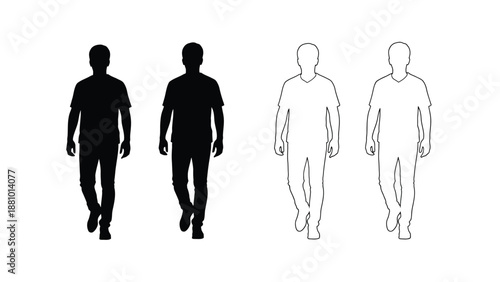 Four silhouettes of walking men varying in color and detail level