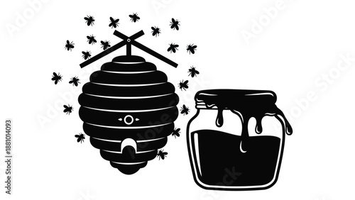 A black and white illustration of a beehive honey jar and flying bees